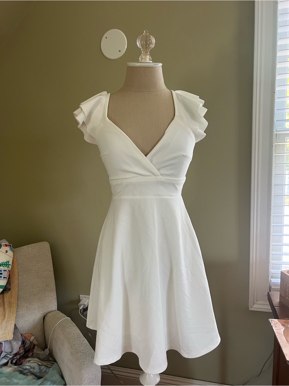 Altar'd State White Ruffle Cap Sleeve V-Neck Fit & Flare Dress